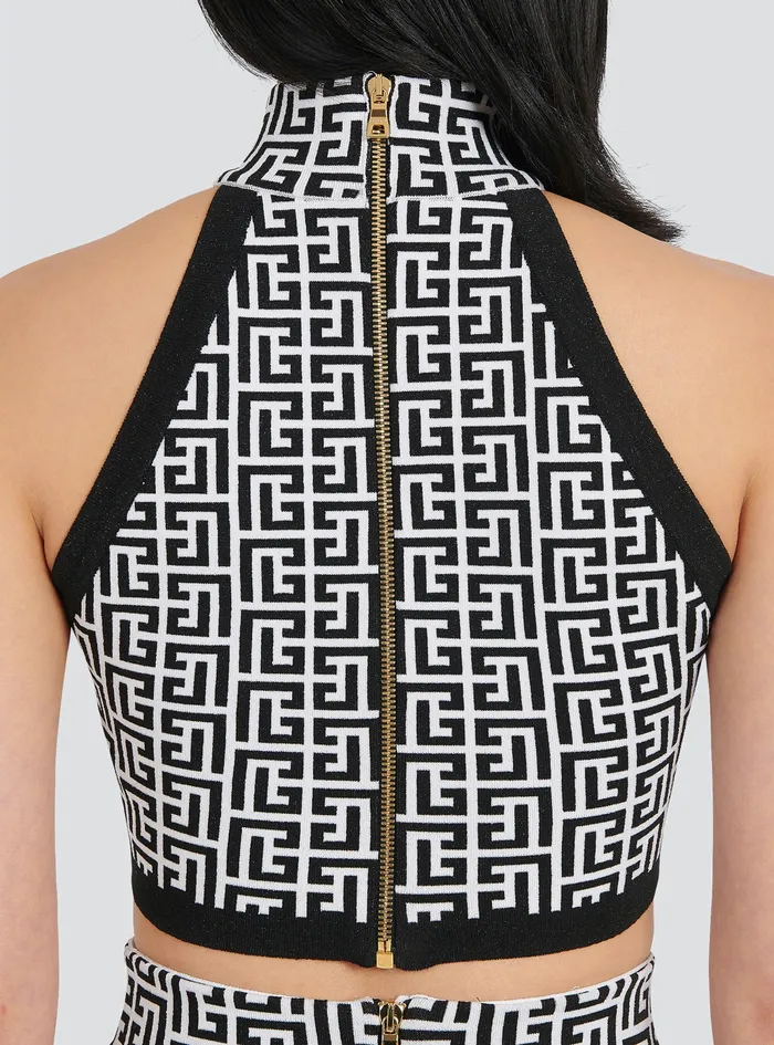 Balmain Tops And Shirts Womens Cropped Bicolor Knit Top With Monogram Print Black Balmain Tops And Shirts Womens Cropped Bicolor Knit Top With Monogram Print Black