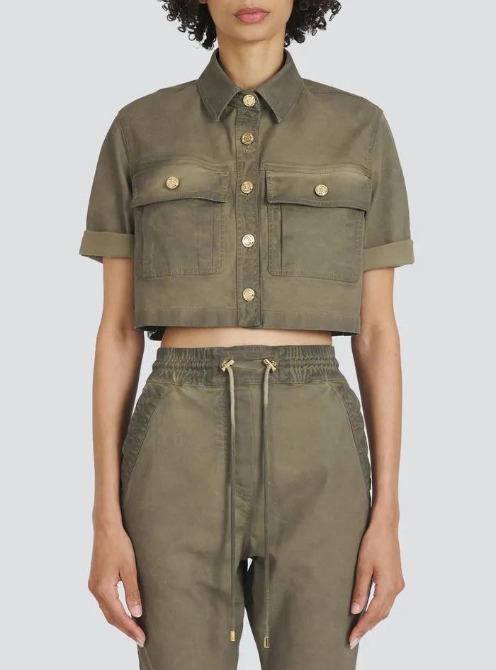 Balmain Tops And Shirts Womens Cropped Denim Shirt Khaki Balmain Tops And Shirts Womens Cropped Denim Shirt Khaki