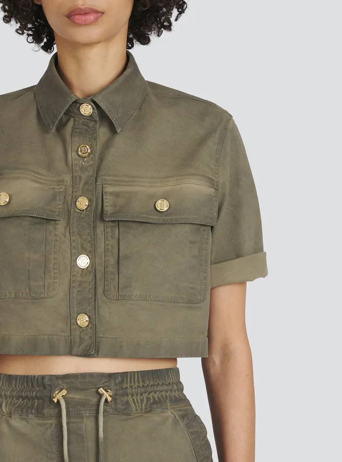 Balmain Tops And Shirts Womens Cropped Denim Shirt Khaki Balmain Tops And Shirts Womens Cropped Denim Shirt Khaki