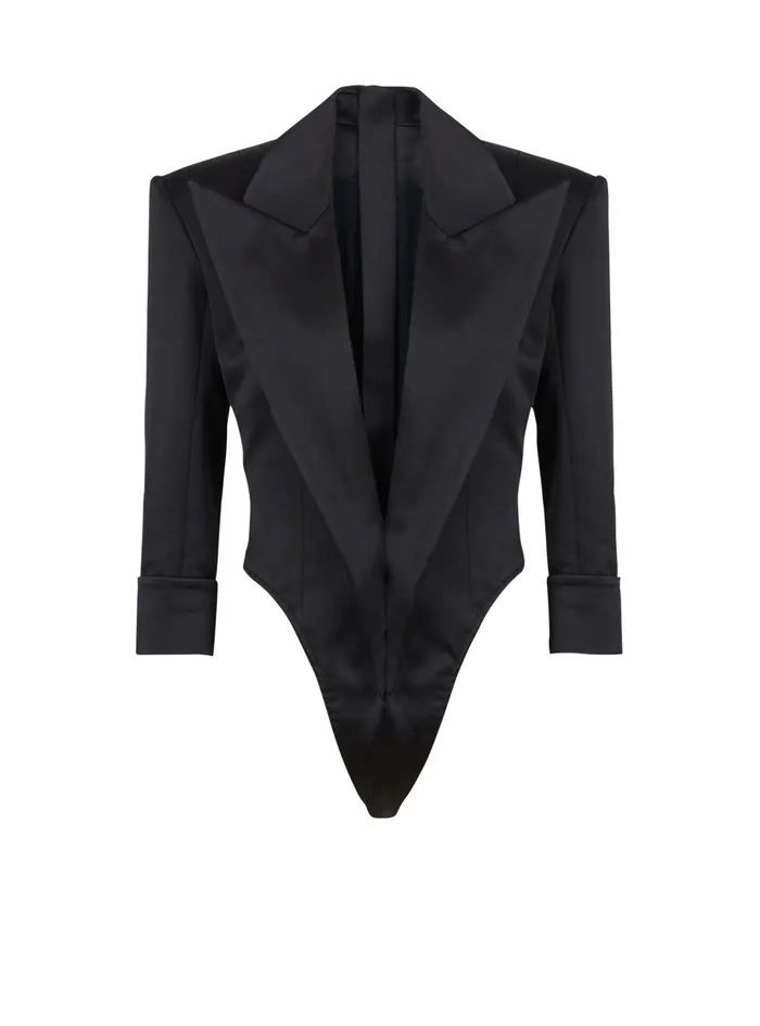 Balmain Tops And Shirts Womens EcoDesigned Satin Tailored Bodysuit Black