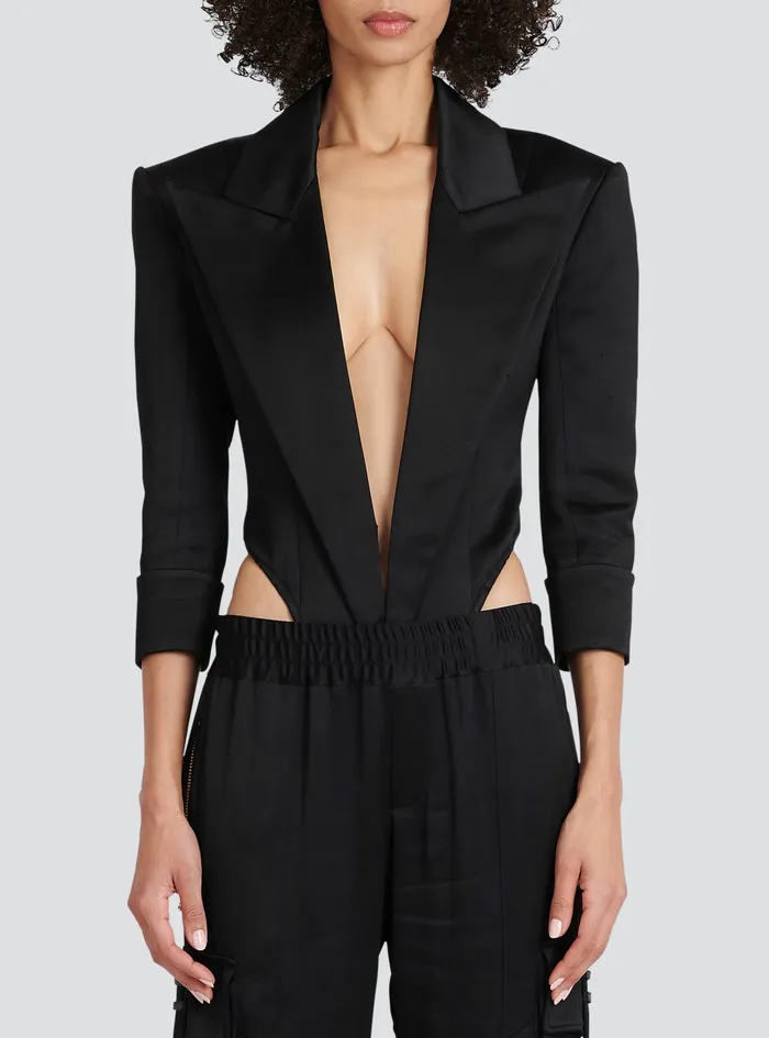 Balmain Tops And Shirts Womens EcoDesigned Satin Tailored Bodysuit Black Balmain Tops And Shirts Womens EcoDesigned Satin Tailored Bodysuit Black