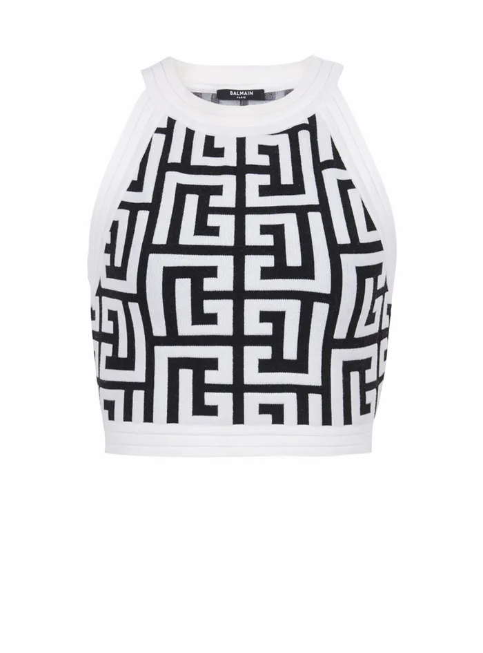 Balmain Tops And Shirts Womens Knit Crop Top With Balmain Monogram White