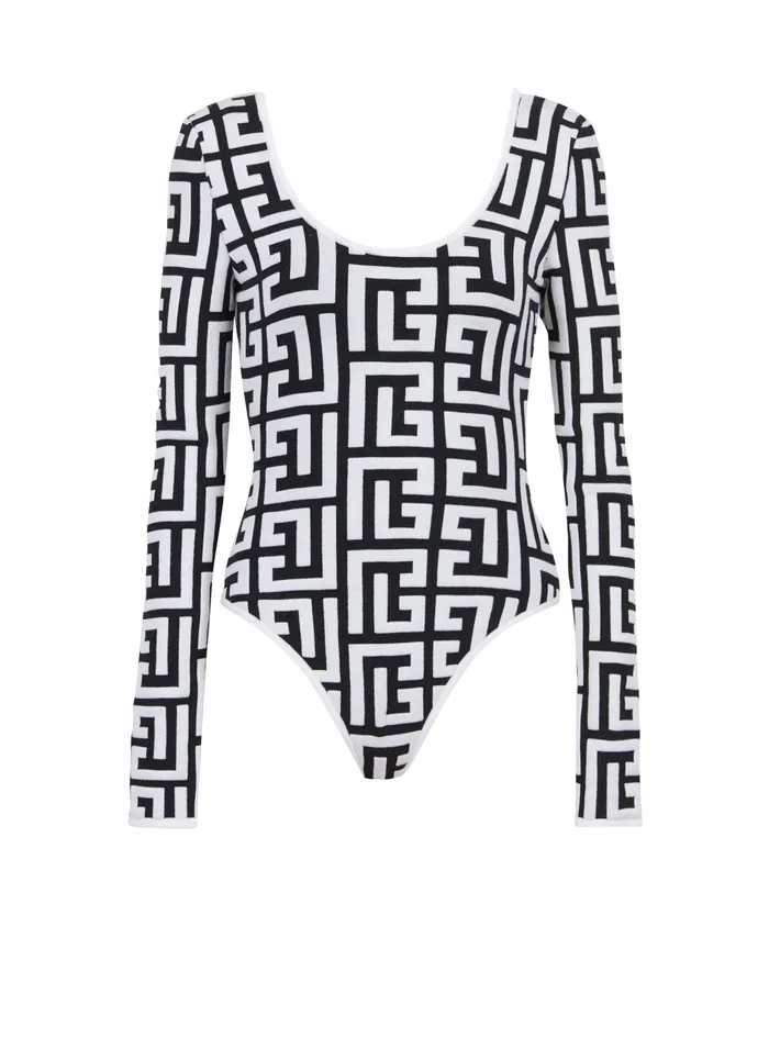 Balmain Tops And Shirts Womens LongSleeved Knit Bodysuit With Maxi Balmain Monogram Black Balmain Tops And Shirts Womens LongSleeved Knit Bodysuit With Maxi Balmain Monogram Black