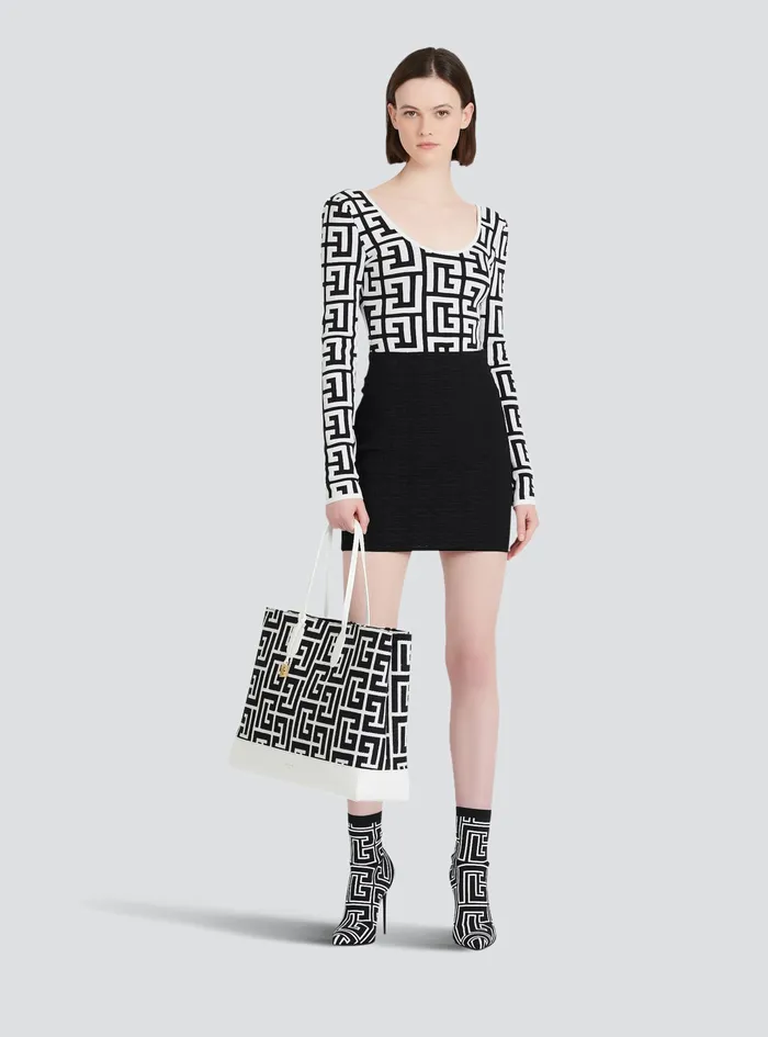 Balmain Tops And Shirts Womens LongSleeved Knit Bodysuit With Maxi Balmain Monogram Black Balmain Tops And Shirts Womens LongSleeved Knit Bodysuit With Maxi Balmain Monogram Black