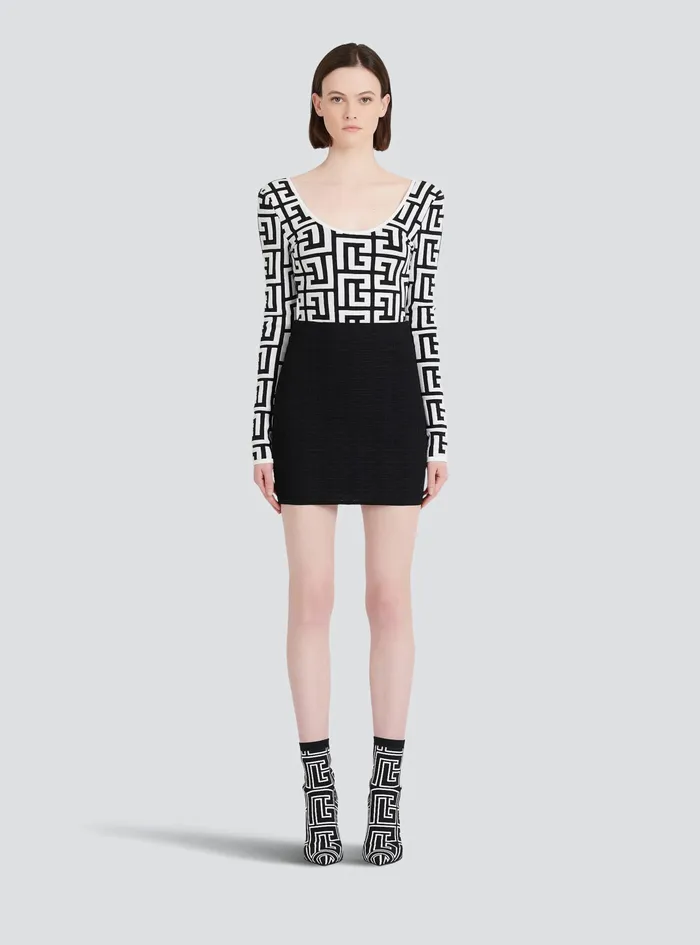 Balmain Tops And Shirts Womens LongSleeved Knit Bodysuit With Maxi Balmain Monogram Black Balmain Tops And Shirts Womens LongSleeved Knit Bodysuit With Maxi Balmain Monogram Black