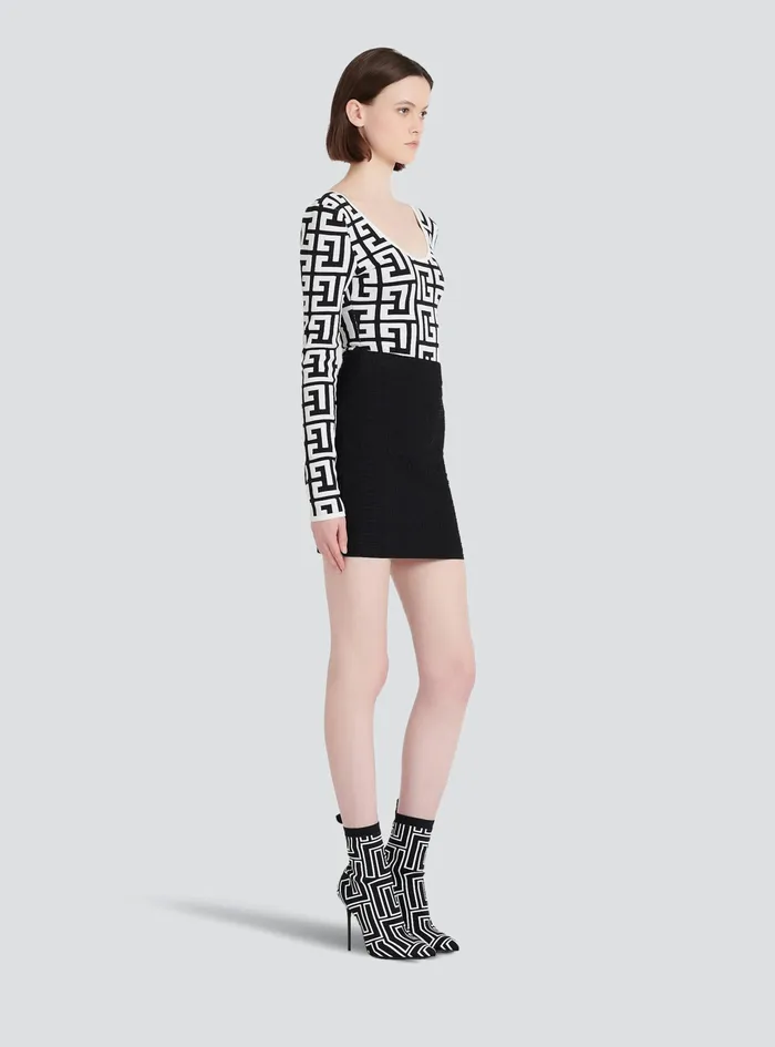 Balmain Tops And Shirts Womens LongSleeved Knit Bodysuit With Maxi Balmain Monogram Black Balmain Tops And Shirts Womens LongSleeved Knit Bodysuit With Maxi Balmain Monogram Black