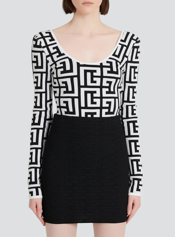 Balmain Tops And Shirts Womens LongSleeved Knit Bodysuit With Maxi Balmain Monogram Black Balmain Tops And Shirts Womens LongSleeved Knit Bodysuit With Maxi Balmain Monogram Black