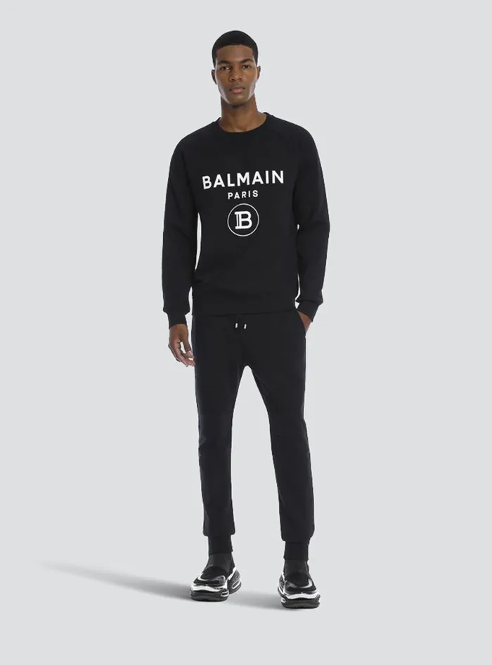 Balmain Trousers And Shorts Mens Cotton Sweatpants With Flocked Balmain Paris Logo Black Balmain Trousers And Shorts Mens Cotton Sweatpants With Flocked Balmain Paris Logo Black