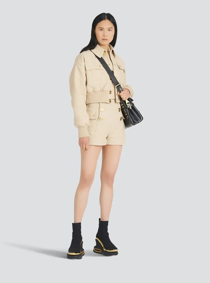 Balmain Trousers And Shorts Womens Monogram Jacquard Print Shorts Beige Balmain Trousers And Shorts Womens Monogram Jacquard Print Shorts Beige