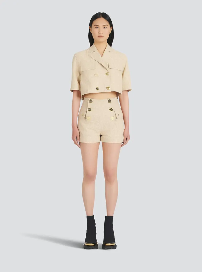Balmain Trousers And Shorts Womens Monogram Jacquard Print Shorts Beige Balmain Trousers And Shorts Womens Monogram Jacquard Print Shorts Beige