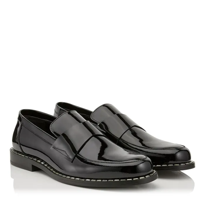 Bane Black Patent Leather Loafers With Crystal Trim Blackcrystalsilver Men JIMMY CHOO Dress Shoes
