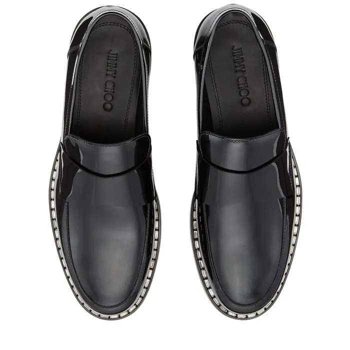 Bane Black Patent Leather Loafers With Crystal Trim Blackcrystalsilver Men JIMMY CHOO Dress Shoes