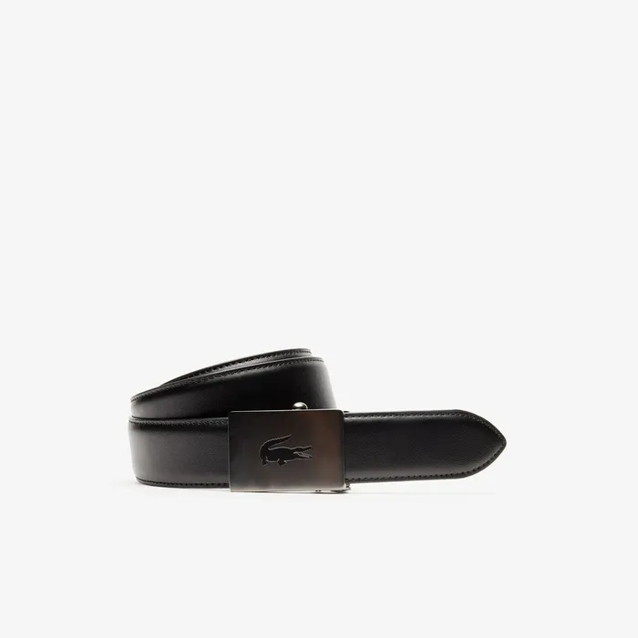 Belts Lacoste Mens Engraved Plate Buckle Leather Belt Black On Sale