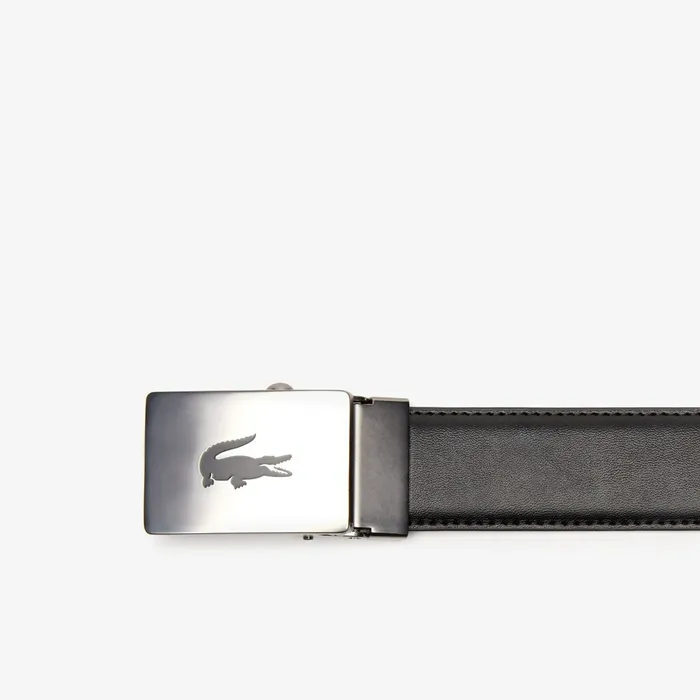 Belts Lacoste Mens Engraved Plate Buckle Leather Belt Black On Sale