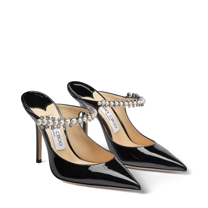 Bing 100 Black Patent Leather Mules With Crystal And Pearl Strap Blackwhite Women JIMMY CHOO Mules