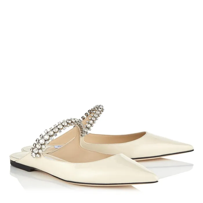 Bing Flat Linen Patent Leather Mules With Crystal Strap Linen Women JIMMY CHOO Bridal Shoes