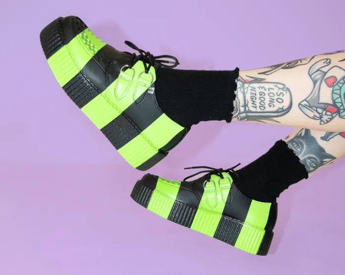 Black and Green Striped Viva Mondo Creeper Women TUK Shoes Vegan Black and Green Striped Viva Mondo Creeper Women TUK Shoes Vegan