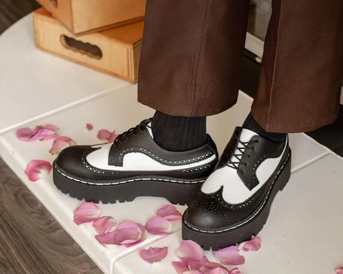 Black and White Double Decker Brogue Men TUK Shoes Vegan Black and White Double Decker Brogue Men TUK Shoes Vegan