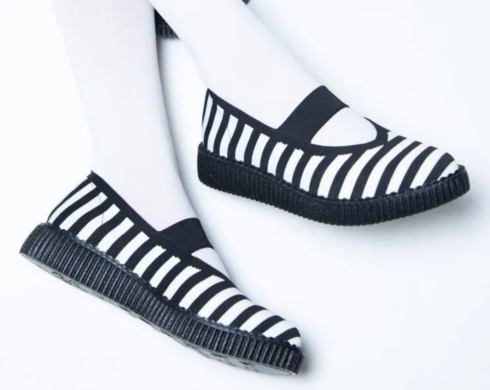 Black and White Striped Flyknit Pointed Mary Jane Women TUK Shoes Mary Janes