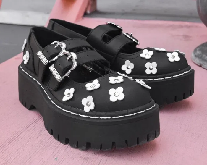 Black and White TUKskin Flower Double Decker Mary Jane Women TUK Shoes Mary Janes Black and White TUKskin Flower Double Decker Mary Jane Women TUK Shoes Mary Janes