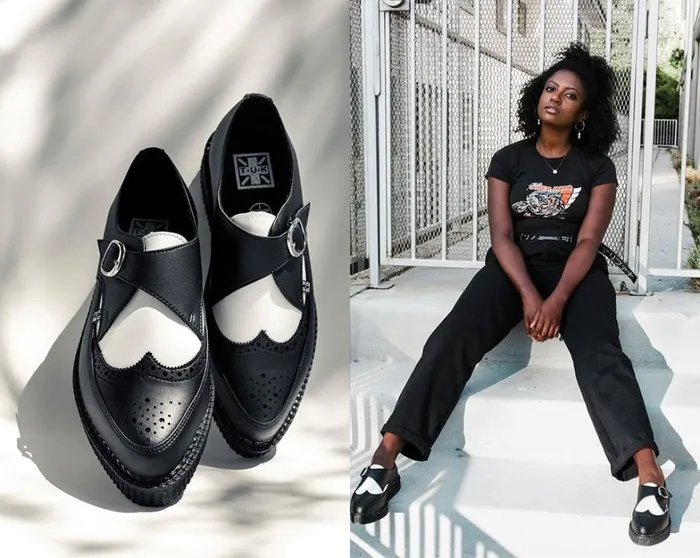 Black and White Vegan TUKskin Wing Buckle Pointed Creeper Women TUK Shoes Vegan Black and White Vegan TUKskin Wing Buckle Pointed Creeper Women TUK Shoes Vegan