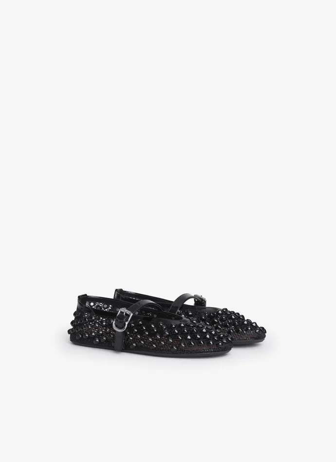 Black BALLET FLATS WITH STUDS ON FISHNET Women Alaa Flat Shoes
