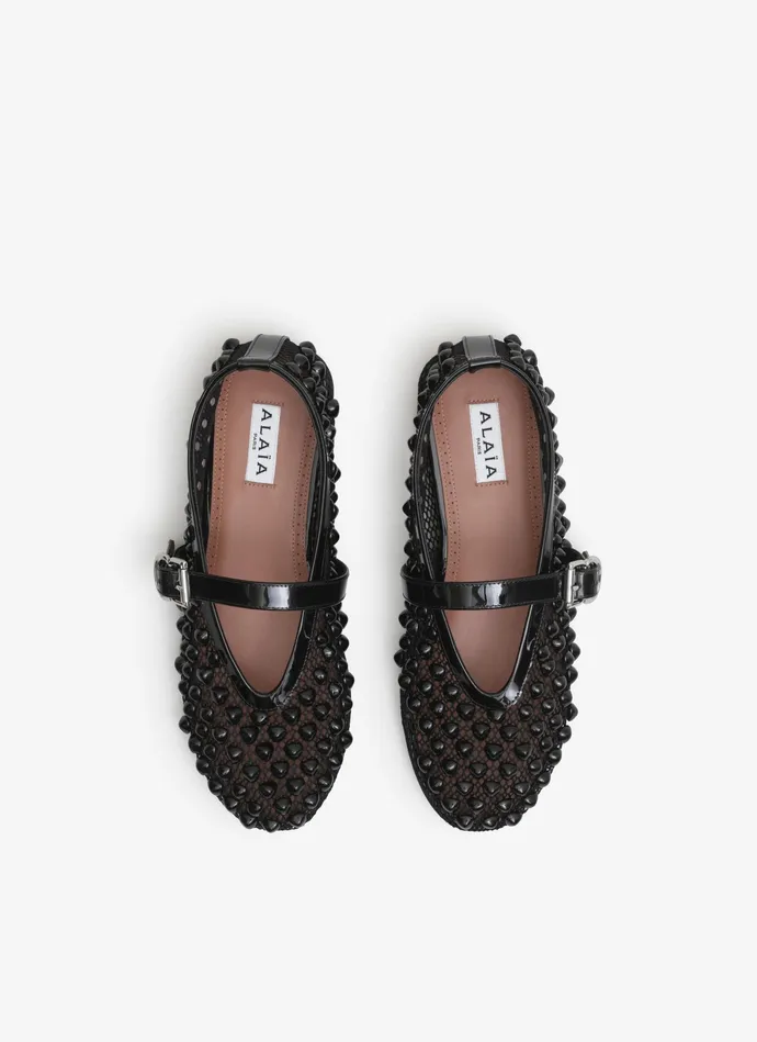 Black BALLET FLATS WITH STUDS ON FISHNET Women Alaa Flat Shoes