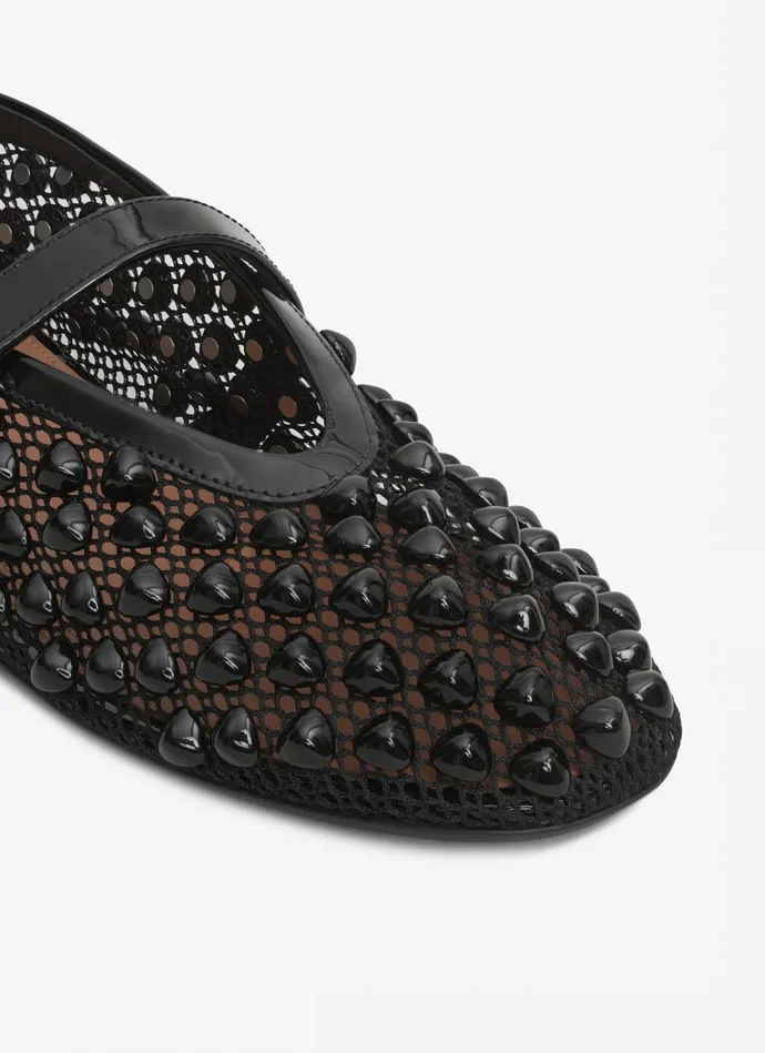 Black BALLET FLATS WITH STUDS ON FISHNET Women Alaa Flat Shoes