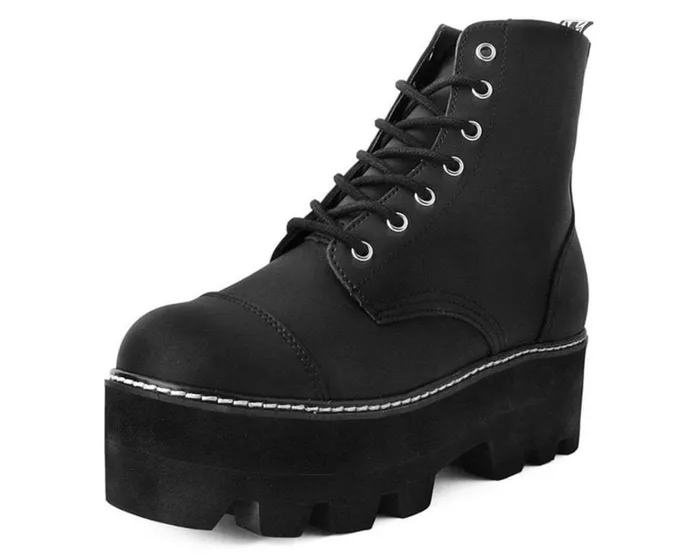 Black Faux Leather 7Eyelet Dino Lug Sole Boots Women TUK Shoes Boots