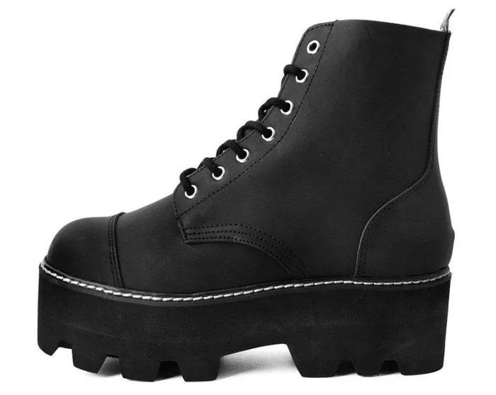 Black Faux Leather 7Eyelet Dino Lug Sole Boots Women TUK Shoes Boots Black Faux Leather 7Eyelet Dino Lug Sole Boots Women TUK Shoes Boots