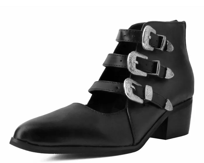 Black Faux Leather Western 3Buckle Pointed Block Heels Women TUK Shoes Mary Janes Black Faux Leather Western 3Buckle Pointed Block Heels Women TUK Shoes Mary Janes