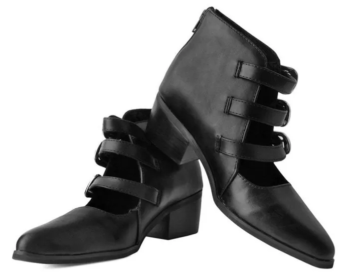 Black Faux Leather Western 3Buckle Pointed Block Heels Women TUK Shoes Mary Janes