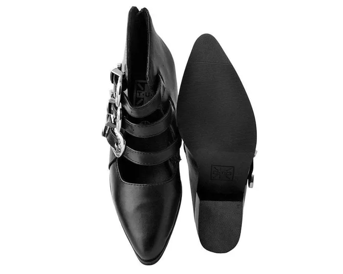Black Faux Leather Western 3Buckle Pointed Block Heels Women TUK Shoes Mary Janes