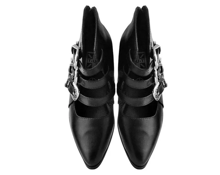 Black Faux Leather Western 3Buckle Pointed Block Heels Women TUK Shoes Mary Janes