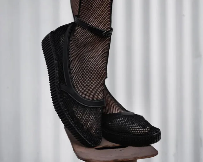 Black Holographic Vegan Pointed Ballet Creepers Women TUK Shoes Mary Janes Black Holographic Vegan Pointed Ballet Creepers Women TUK Shoes Mary Janes