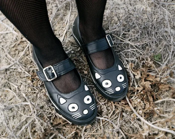 Black Kitty Face Vegan Mary Jane Sneakers Women TUK Shoes Vegan Black Kitty Face Vegan Mary Jane Sneakers Women TUK Shoes Vegan