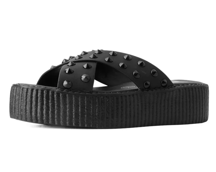 Black TUKskin Cross Strap Studded Sandal Women TUK Shoes Platforms