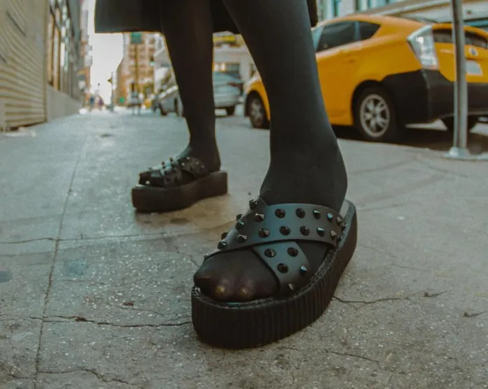 Black TUKskin Cross Strap Studded Sandal Women TUK Shoes Platforms Black TUKskin Cross Strap Studded Sandal Women TUK Shoes Platforms