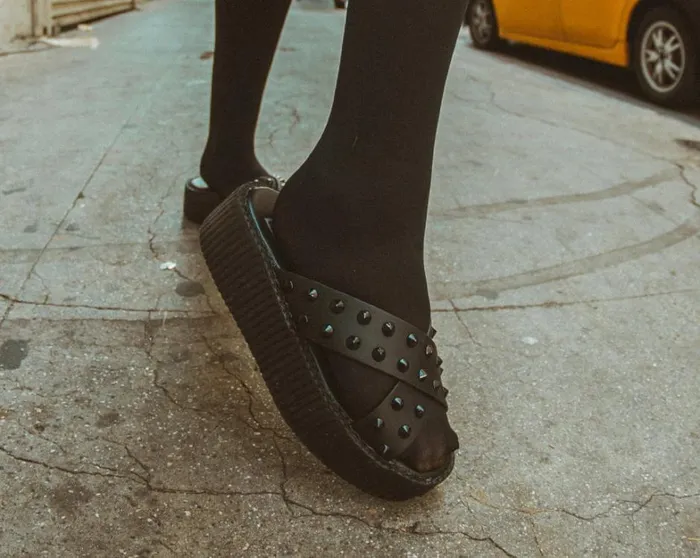 Black TUKskin Cross Strap Studded Sandal Women TUK Shoes Platforms Black TUKskin Cross Strap Studded Sandal Women TUK Shoes Platforms