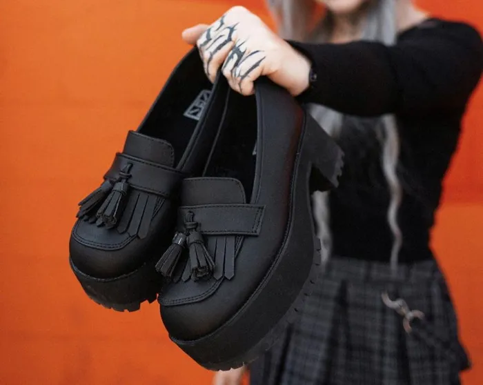 Black TUKskin Fringe Loafer Platform Women TUK Shoes Vegan Black TUKskin Fringe Loafer Platform Women TUK Shoes Vegan