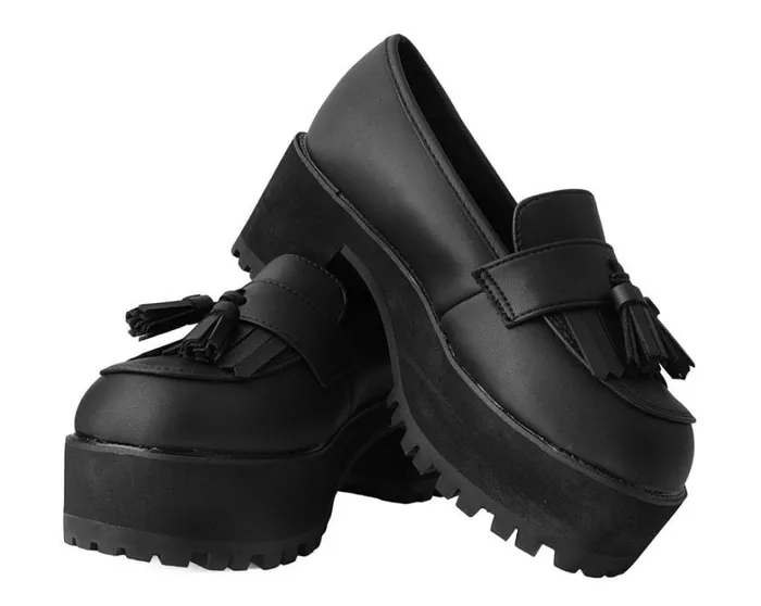Black TUKskin Fringe Loafer Platform Women TUK Shoes Vegan Black TUKskin Fringe Loafer Platform Women TUK Shoes Vegan