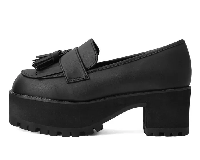 Black TUKskin Fringe Loafer Platform Women TUK Shoes Vegan Black TUKskin Fringe Loafer Platform Women TUK Shoes Vegan