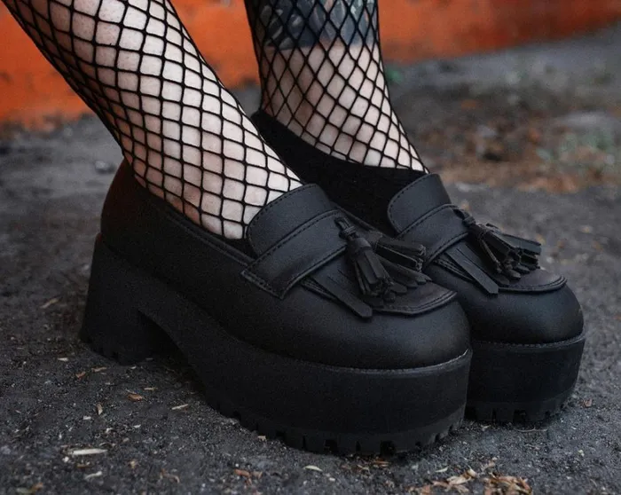 Black TUKskin Fringe Loafer Platform Women TUK Shoes Vegan Black TUKskin Fringe Loafer Platform Women TUK Shoes Vegan