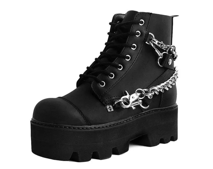 Black Vegan 7Eye Chain and Strap Dino Lug Creeper Boot Women TUK Shoes Vegan