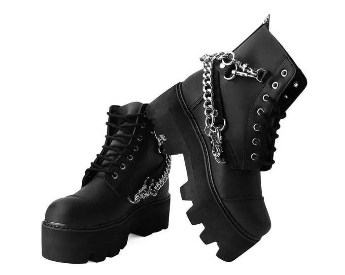 Black Vegan 7Eye Chain and Strap Dino Lug Creeper Boot Women TUK Shoes Vegan Black Vegan 7Eye Chain and Strap Dino Lug Creeper Boot Women TUK Shoes Vegan