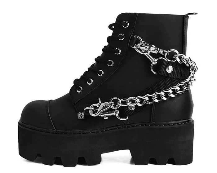 Black Vegan 7Eye Chain and Strap Dino Lug Creeper Boot Women TUK Shoes Vegan Black Vegan 7Eye Chain and Strap Dino Lug Creeper Boot Women TUK Shoes Vegan