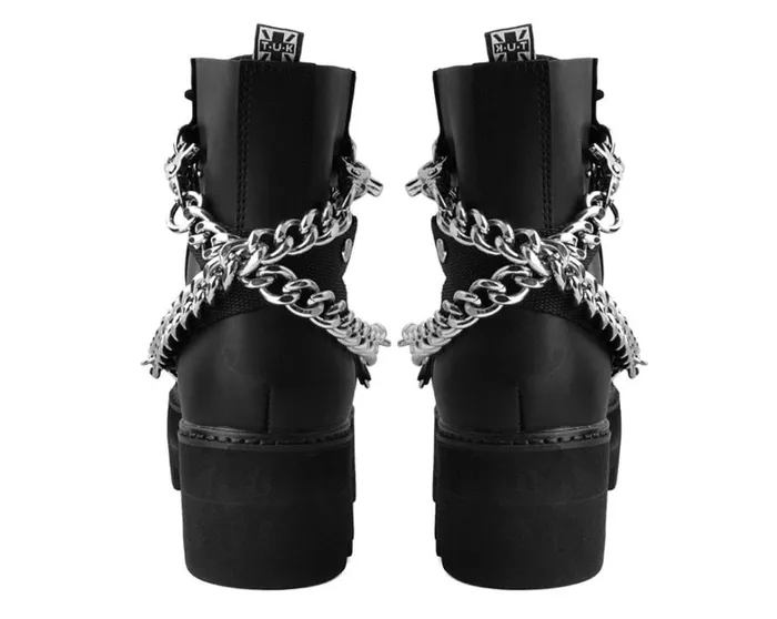 Black Vegan 7Eye Chain and Strap Dino Lug Creeper Boot Women TUK Shoes Vegan Black Vegan 7Eye Chain and Strap Dino Lug Creeper Boot Women TUK Shoes Vegan