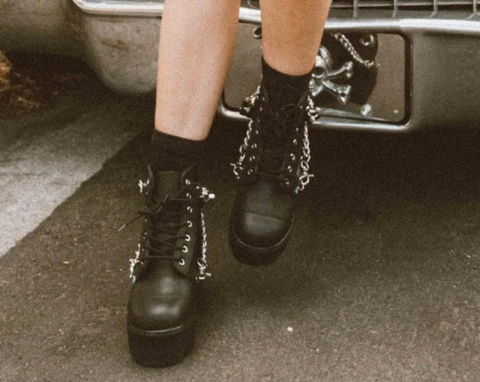 Black Vegan 7Eye Chain and Strap Dino Lug Creeper Boot Women TUK Shoes Vegan Black Vegan 7Eye Chain and Strap Dino Lug Creeper Boot Women TUK Shoes Vegan
