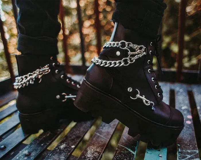 Black Vegan 7Eye Chain and Strap Dino Lug Creeper Boot Women TUK Shoes Vegan Black Vegan 7Eye Chain and Strap Dino Lug Creeper Boot Women TUK Shoes Vegan