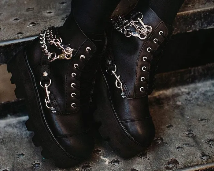 Black Vegan 7Eye Chain and Strap Dino Lug Creeper Boot Women TUK Shoes Vegan Black Vegan 7Eye Chain and Strap Dino Lug Creeper Boot Women TUK Shoes Vegan